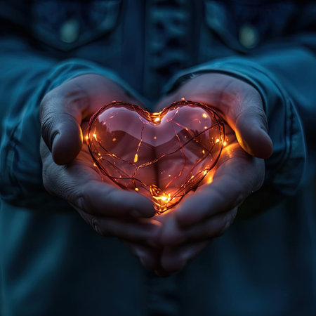 A man holds a luminous heart in his handsの素材