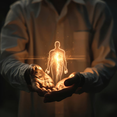 Man holding a glowing hologram of a man in his handsの素材