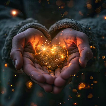 A man holds a luminous heart in his handsの素材