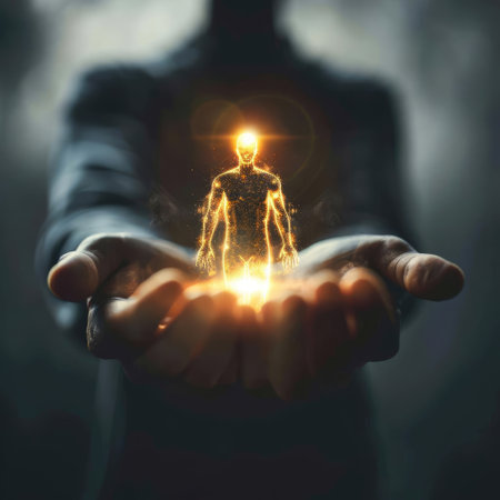 Man holding a glowing hologram of a man in his handsの素材