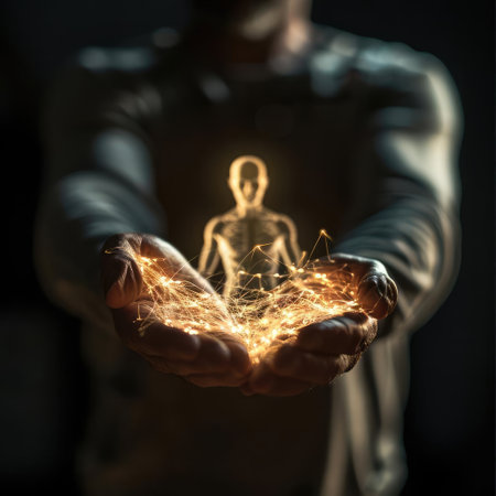 Man holding a glowing hologram of a man in his handsの素材