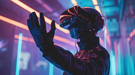 Man in virtual glasses in virtual realityの素材