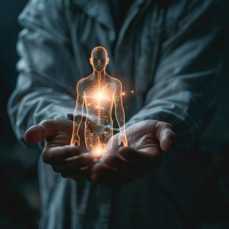 Man holding a glowing hologram of a man in his handsの素材
