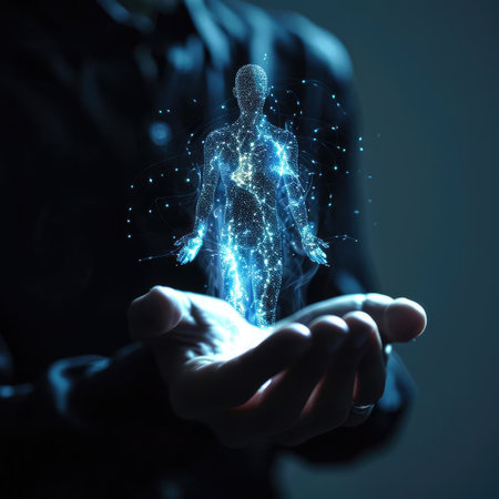 Man holding a glowing hologram of a man in his handsの素材
