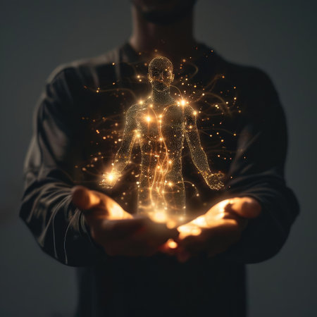 Man holding a glowing hologram of a man in his handsの素材