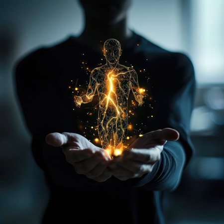 Man holding a glowing hologram of a man in his handsの素材