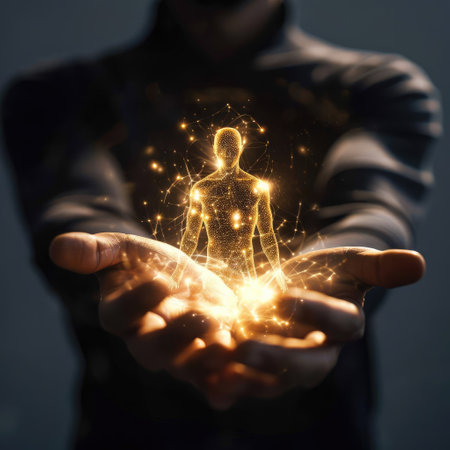 Man holding a glowing hologram of a man in his handsの素材