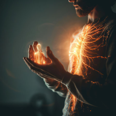 Man holding a glowing hologram of a man in his handsの素材