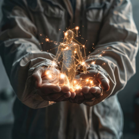 Man holding a glowing hologram of a man in his handsの素材