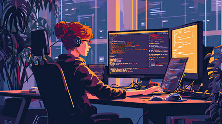 Illustration of a geek at workの素材