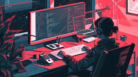 Illustration of a geek at workの素材