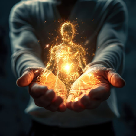 Man holding a glowing hologram of a man in his handsの素材