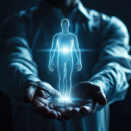 Man holding a glowing hologram of a man in his handsの素材