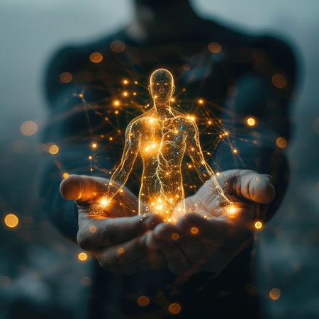 Man holding a glowing hologram of a man in his handsの素材