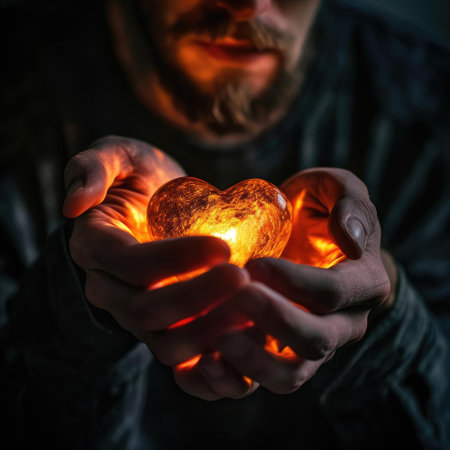 A man holds a luminous heart in his handsの素材