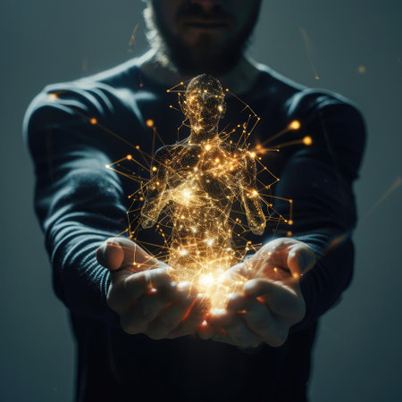 Man holding a glowing hologram of a man in his handsの素材