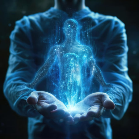 Man holding a glowing hologram of a man in his handsの素材