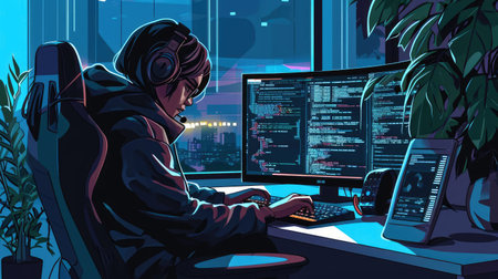 Illustration of a geek at workの素材