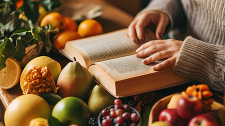 Man reading recipe for cooking fresh fruitの素材
