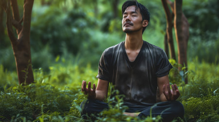 Man sitting meditating in the forestの素材