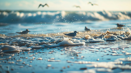Beautiful coastline of the sea and birdsの素材