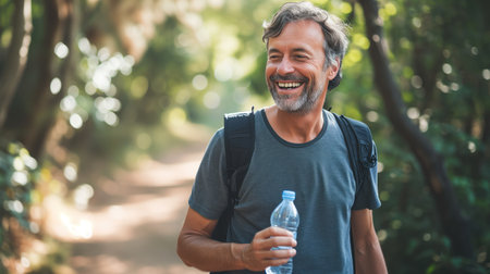 Joyful man traveling in the forestの素材