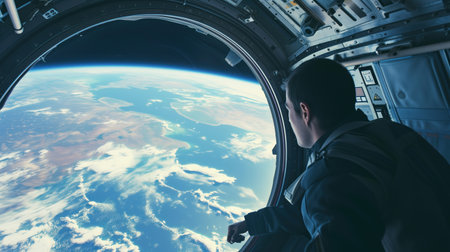 Astronaut working inside a space moduleの素材