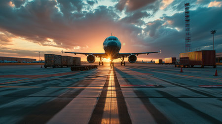 Passenger plane standing on the runway in the eveningの素材