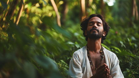 Man sitting meditating in the forestの素材
