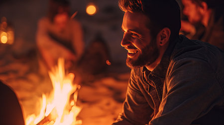 Happy man in front of a campfire in the eveningの素材