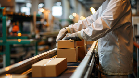 Worker packing goods on conveyor beltの素材