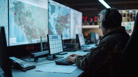 Desktop with computers and supply chain mapsの素材