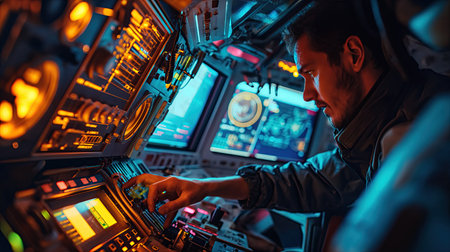 Astronaut working inside a space moduleの素材