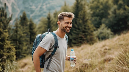 Joyful man traveling in the forestの素材