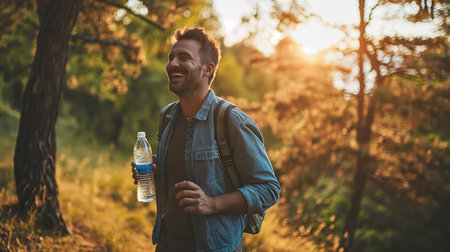 Joyful man traveling in the forestの素材