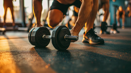 A sportsman lifts dumbbells in the gymの素材