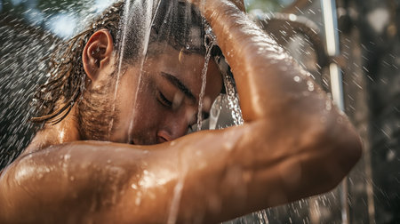 Man is washing in the showerの素材