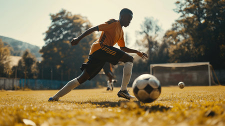 Soccer player playing football and feintingの素材