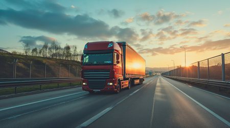 A truck with a trailer is driving on the highwayの素材