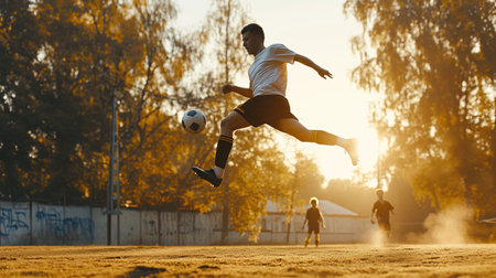 Soccer player playing football and feintingの素材