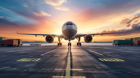 Passenger plane standing on the runway in the eveningの素材