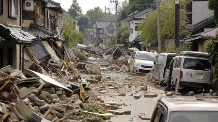 Earthquake in Japan. View of the ruined streetの素材