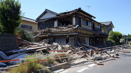 Earthquake in Japan. View of the ruined streetの素材