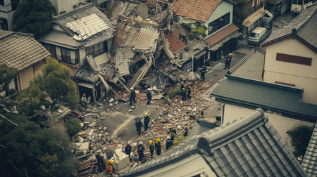 Earthquake in Japan. View of the ruined streetの素材