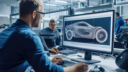 A group of car designers discuss the concept of a carの素材