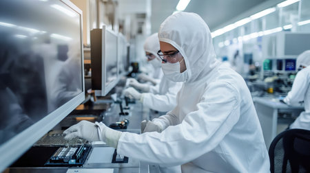 A team of specialists in white uniforms work at a chip factoryの素材