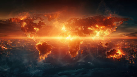 World map with explosions in places of armed conflictsの素材