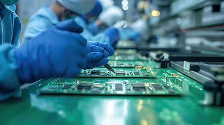 Workers on the assembly line install chips on chipsの素材