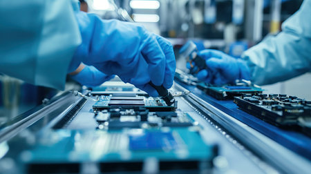 Workers on the assembly line install chips on chipsの素材