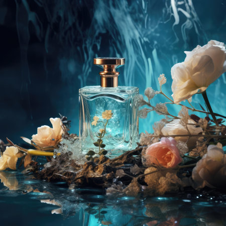 Perfume bottle and flowersの素材